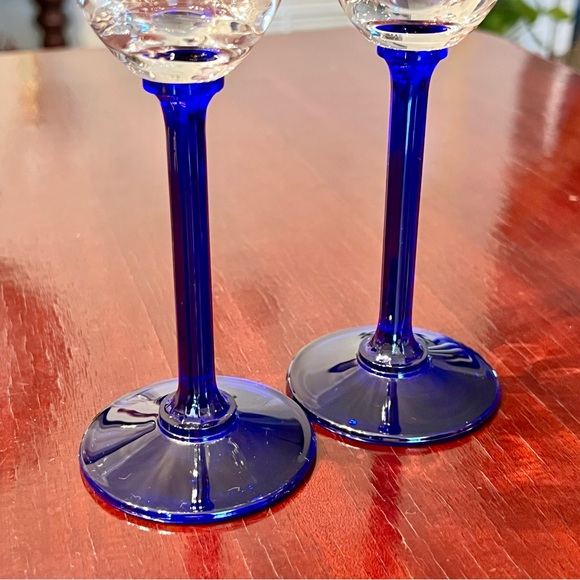 Crystal Champagne Flutes Blue Paneled Stem Set Of 2 VTG Glass Stemware Barware - Picture 8 of 10